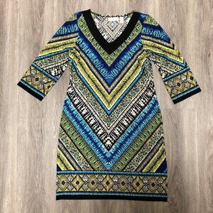 Chico's Size 1 US Women's Size 8 Dress Blue Green Ikat Tribal Long Sleeve Tunic
